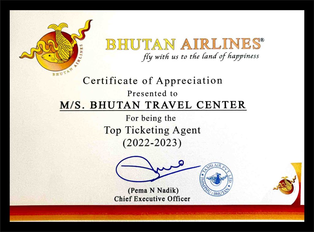 Bhutan Airlines Top Ticketing Agent certificate of appreciation