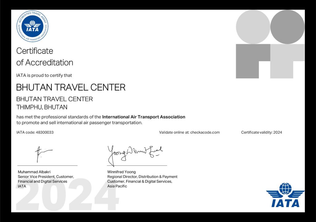 IATA accreditation certificate awarded to Bhutan Travel Center