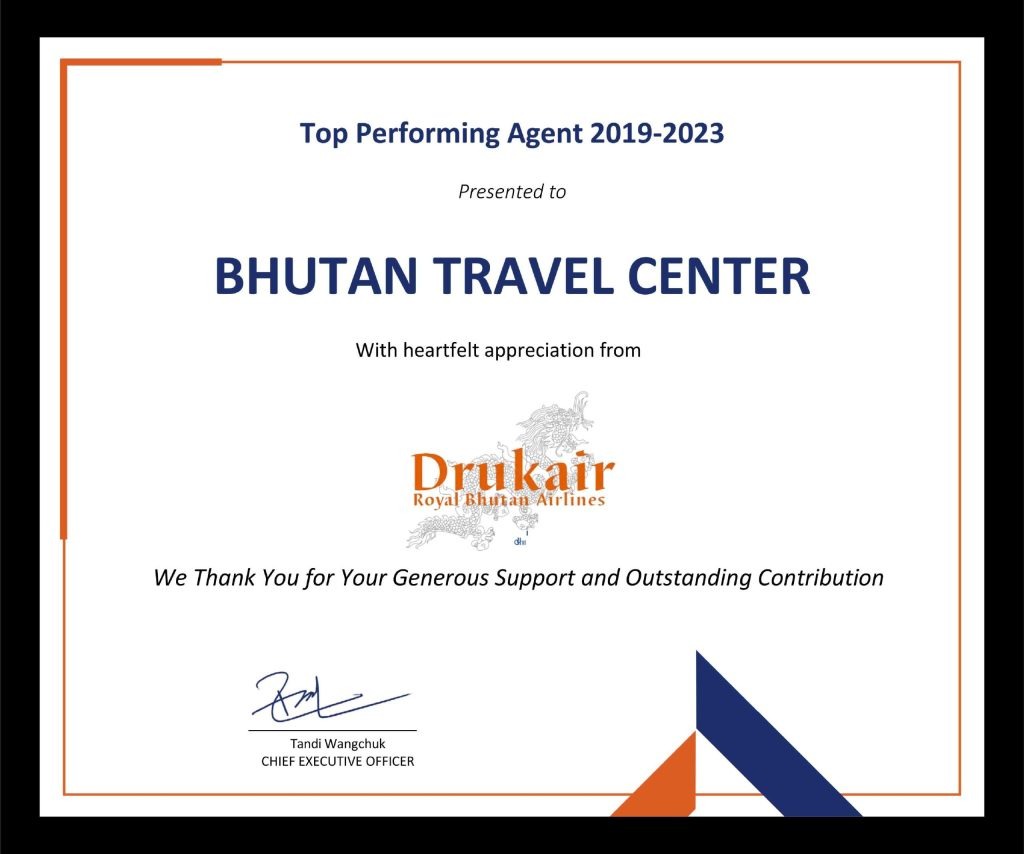 Drukair Top Performing Agent 2019-2023 award