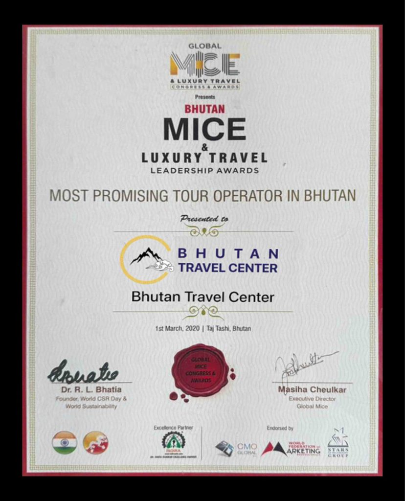 MICE Luxury Travel Leadership Award - Most Promising Tour Operator in Bhutan